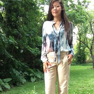 Mossimo watercolor silk shirt size M L 6 blue pink
